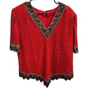 Vintage Red Beaded V-Neck Short Sleeve Top Intricate Embroidery Zip Closure